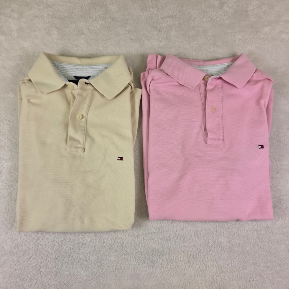 Tommy Hilfiger Mens Polo Shirt Bundle 2 Pack Pink Cream Cotton Pique Size M